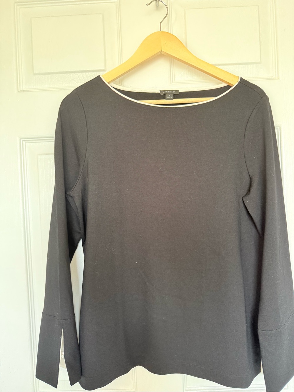 Ann Taylor Black Long Sleeve Boatneck Top with White Trim